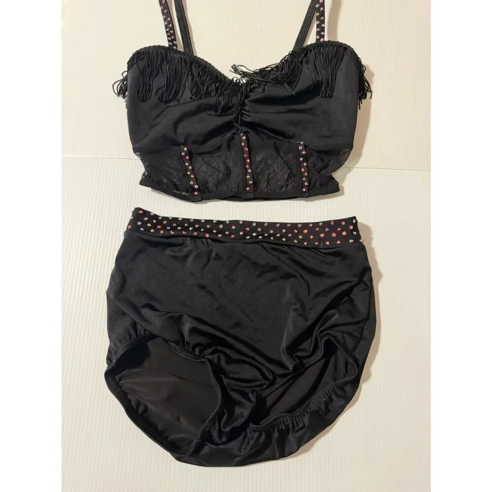 Kelle Little Sparrow Fringe 2997 Black Corset 2 Piece Dance Costume MA Adult